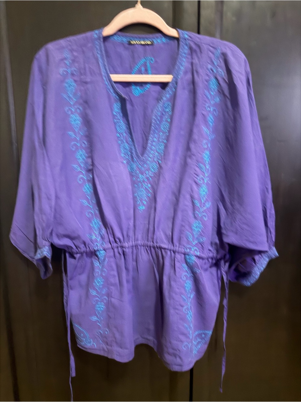 Lucky Brand Purple V-Neck Peasant Top with Blue Embroidery